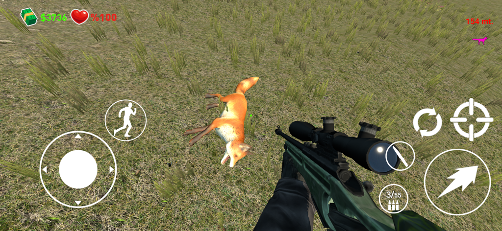 First person view of a sniper rifle over a hunted fox in the wilderness