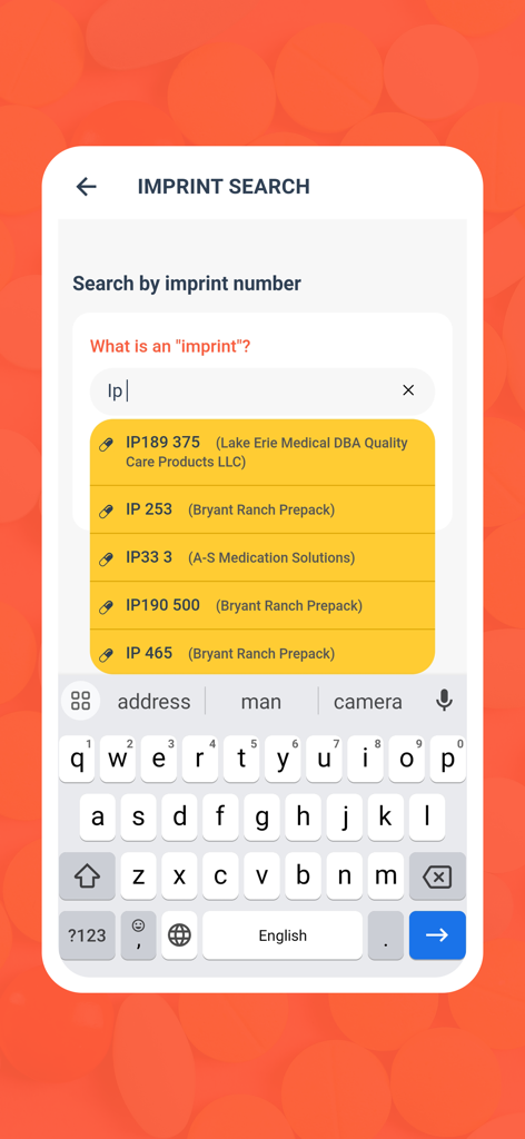 Pill Identifier and Drug Info - Searching for a medication by its imprint number in the Pill Identifier app