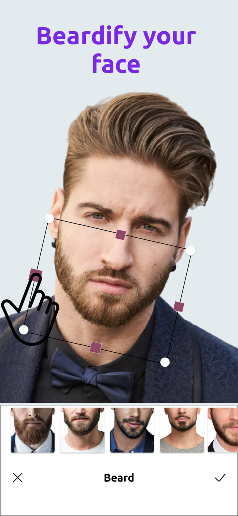 Macho Man-Edit Body Muscle Pro - Interface of the Macho Man app showing the Beardify feature for adding different facial hair styles to a photo