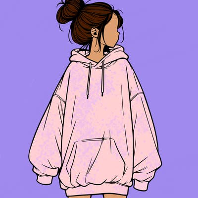 realistic girl with a oversized sweatshirt on and a bun