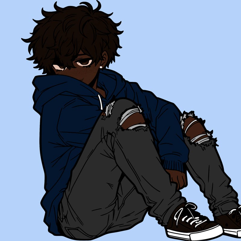 a male hoddie ripped jeans messy hair anime
