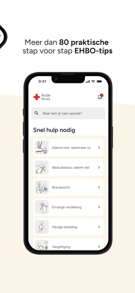 EHBO-app - Rode Kruis - Screenshot of the Red Cross First Aid app interface showing step by step emergency instructions for medical situations