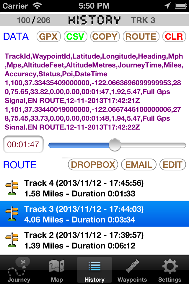 iTracker app History screen showing recorded track details and raw GPS data in CSV format