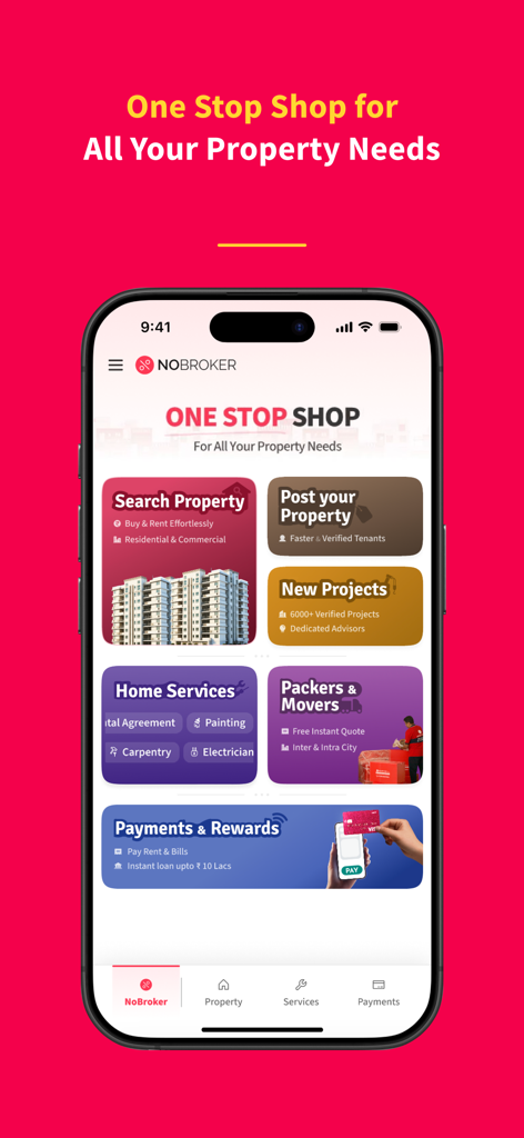 NoBroker Rent, Buy, Sell Flats - Pantalla de inicio de la aplicación NoBroker mostrando varios servicios de propiedad, incluyendo búsqueda, publicación de propiedad y mantenimiento del hogar