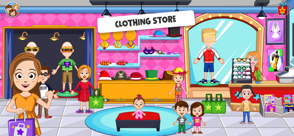 다양한 패션 액세서리가 있는 만화 의류 매장에서 쇼핑하는 캐릭터들