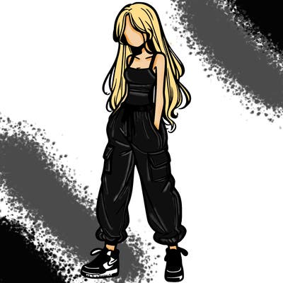 girl in baggy pants crop top and long hair