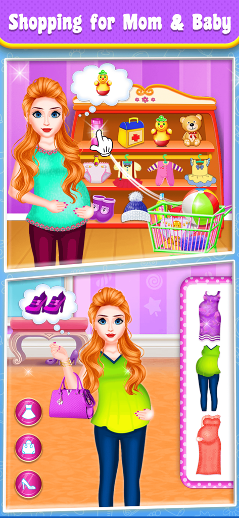 Pregnant Mom BabySitter Game - A pregnant mom character shopping for baby toys and selecting different maternity outfits in a mobile game