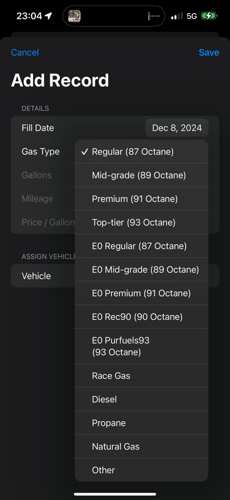 Pure Gas - Add record screen in the Pure Gas app showing a dropdown menu for selecting fuel types like ethanol free gas and various octane ratings