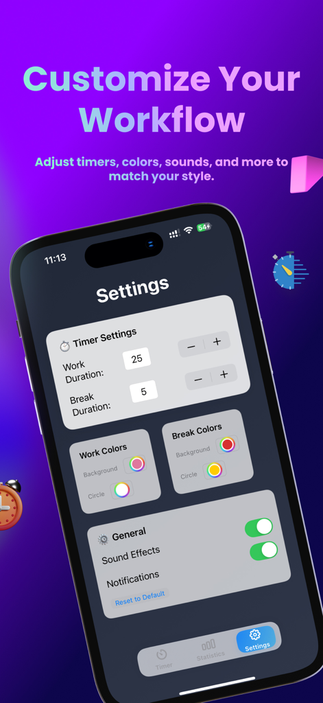 Easy Pomodoro - Pomodoro Timer - Pantalla de configuración de la aplicación Easy Pomodoro que muestra opciones para personalizar duraciones del temporizador, colores y notificaciones de sonido