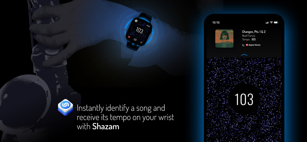 Haptik app interface on iPhone and Apple Watch showing Shazam song tempo identification for musicians