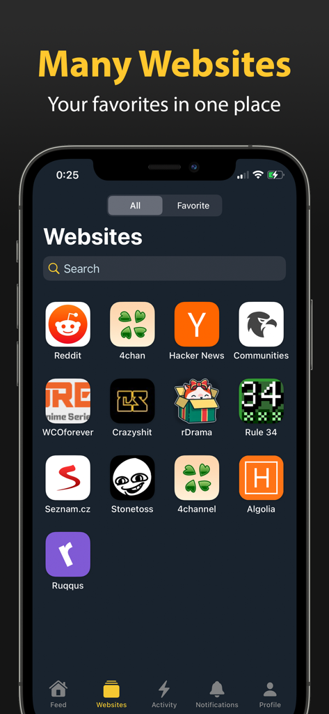 Sigma: Your Feeds United - Sigma app dashboard showing a list of favorite websites like Reddit and 4chan in one place