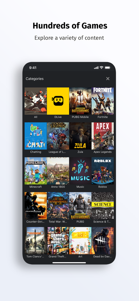 Interfaccia dell'app mobile DLive che visualizza una griglia di varie categorie di live streaming, inclusi giochi popolari come Fortnite PUBG e Minecraft