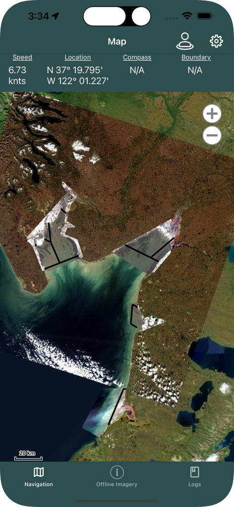 Bristol Maps - Bristol Maps app navigation interface showing high resolution satellite imagery of fishing zones and real time vessel coordinates