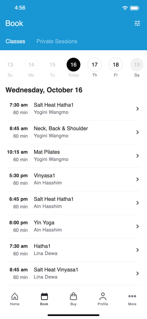 Sky Yoga International - Mobile app interface showing the daily yoga class schedule and booking options for Sky Yoga International