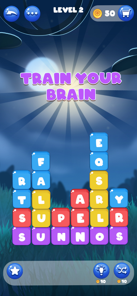 Word Pick : Word Puzzle Games - Jugabilidad del juego de puzle de palabras Word Pick con bloques de letras coloridos y el texto 'entrena tu cerebro'.