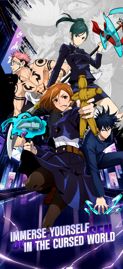 Promotional art for Jujutsu Legacy Clash featuring main anime characters with the text Immerse Yourself in the Cursed World