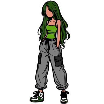 girl in baggy pants crop top and long hair
