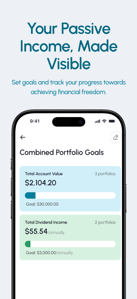 The Dividend Tracker - A smartphone screen displaying portfolio value and annual dividend income goals with progress bars