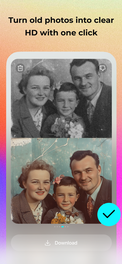 Pica AI: Photo Enhancer App - Before and after comparison of an old family photo restored and colorized using Pica AI