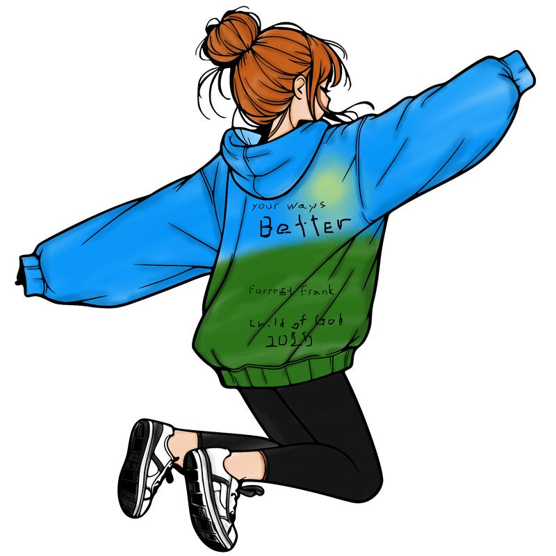 realistic girl jumping with a bun and oversized sweatshirt