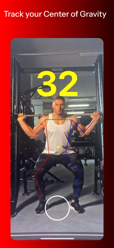 GymCam - Camera Rep Counting - GymCam app interface showing AI skeleton overlay and rep count during a barbell squat to track center of gravity