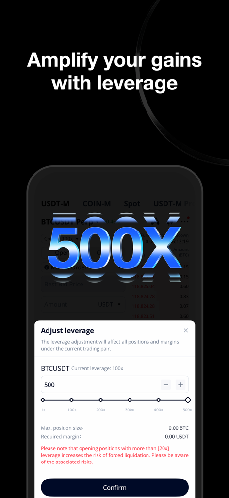BTCC mobile app interface showing a 500x leverage adjustment slider for BTCUSDT crypto futures trading