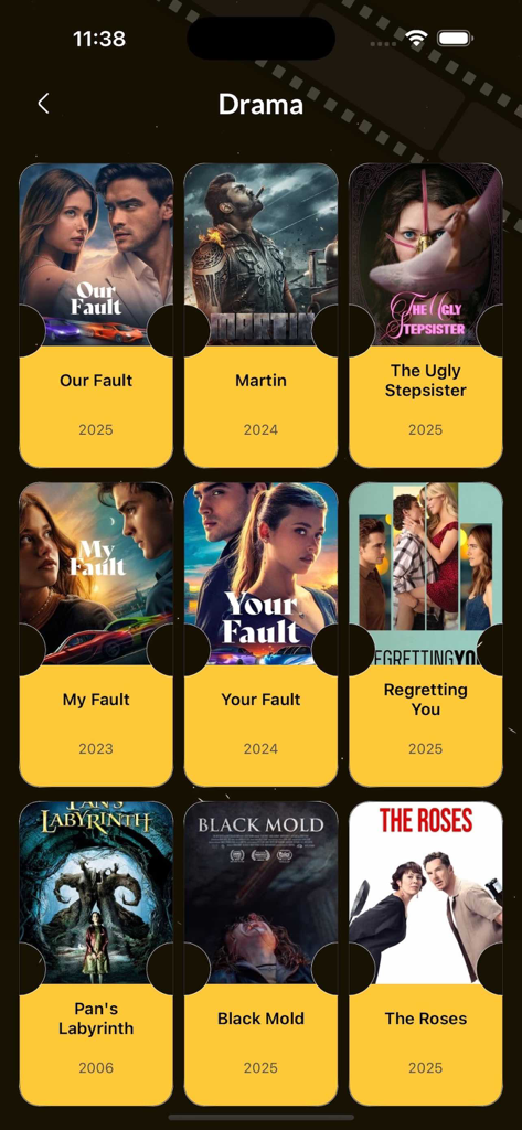 Grid of drama movie posters on a mobile app interface