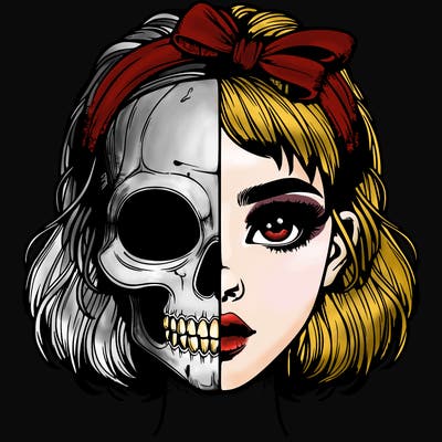 realistic girl with half skull mask