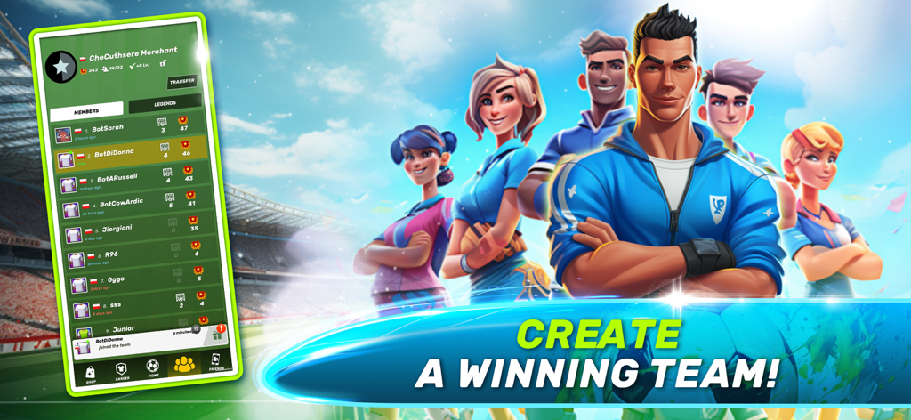 Soccer Clash: Football Game - Un grupo de diversos personajes de fútbol frente a un estadio con una pantalla móvil que muestra una lista de equipo y el titular Crea un equipo ganador.