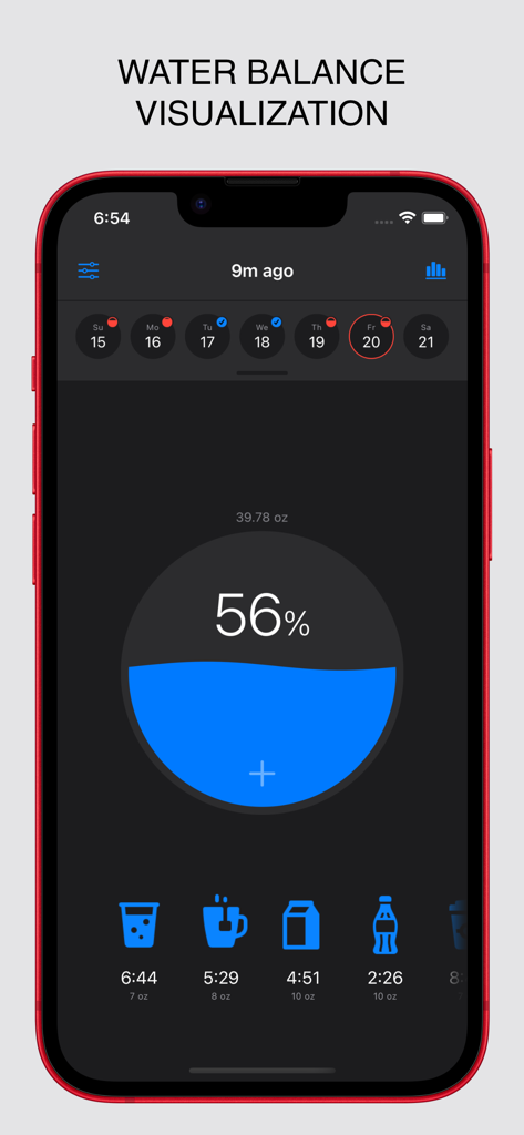 WaterGo: Water Tracker - Smartphone screen showing the WaterGo app interface with a circular water progress indicator at 56 percent and icons for tracked drinks