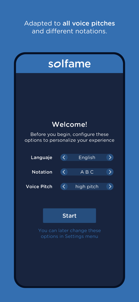SolFaMe - SolFaMe onboarding screen for selecting language musical notation and voice pitch