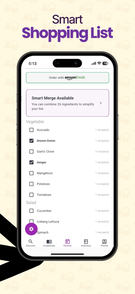 Savvy Chef - Savvy Chef app interface displaying a smart shopping list with Amazon Fresh integration and an ingredient merging feature to reduce food waste.
