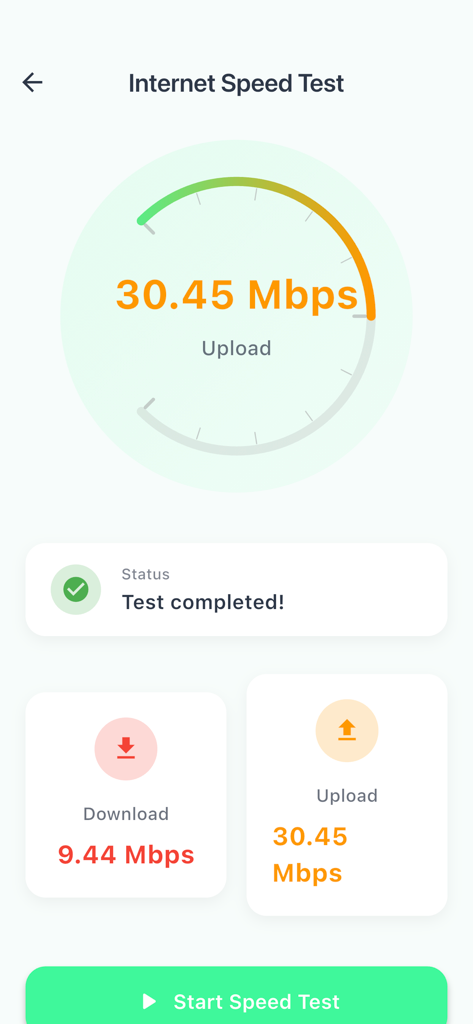 MaxxB - MaxxB app interface displaying internet download and upload speed test results.