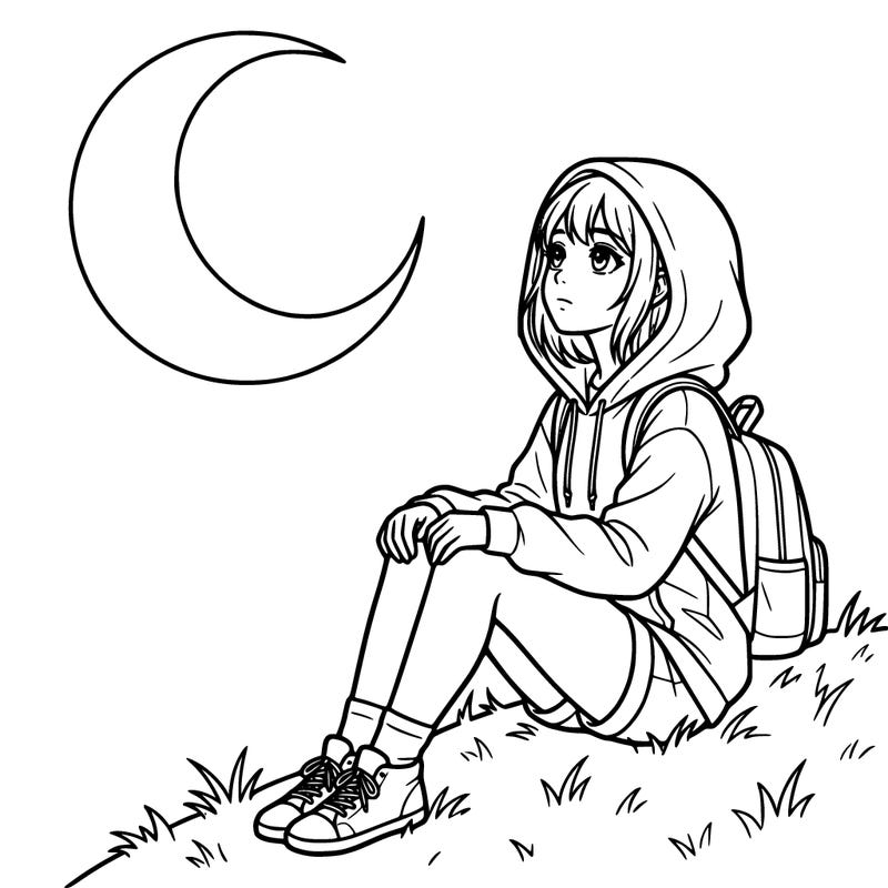 anime girl staring at the moon