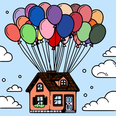 house floating from lots of balloons