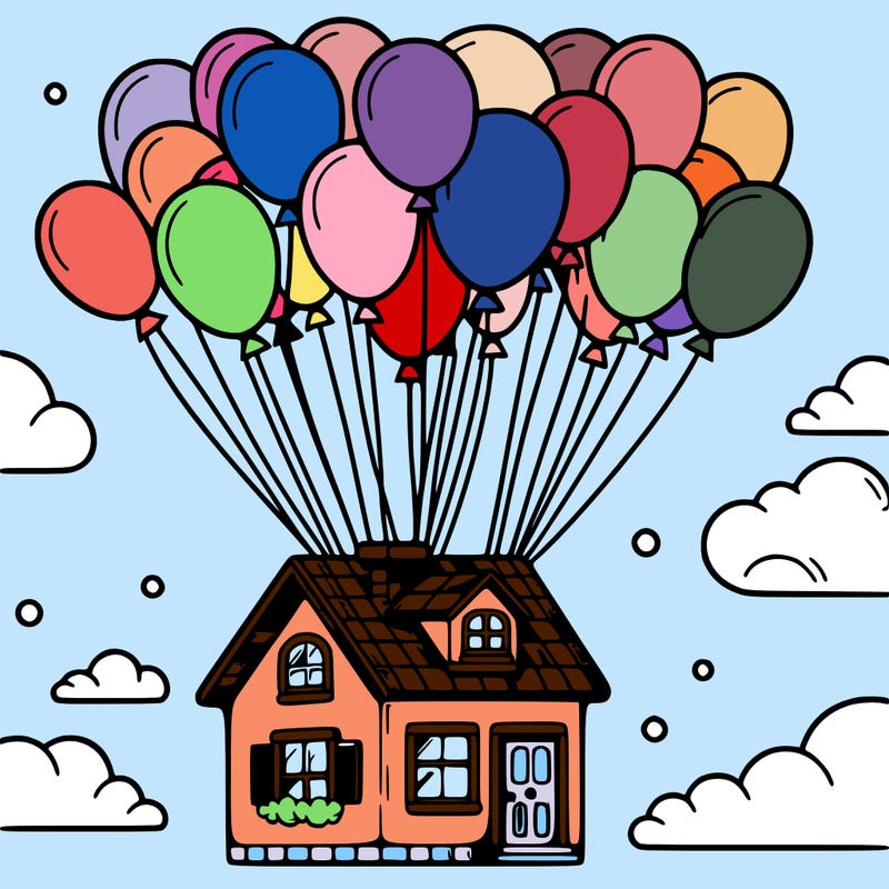 house floating from lots of balloons