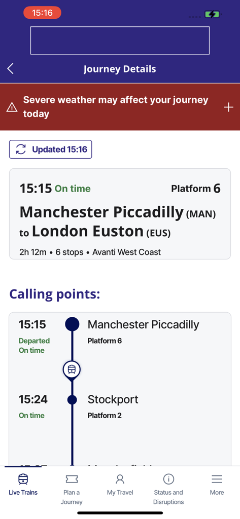 National Rail - Interfaz de la aplicación National Rail que muestra los detalles del viaje de Manchester Piccadilly a London Euston con puntos de parada y una alerta de advertencia meteorológica.