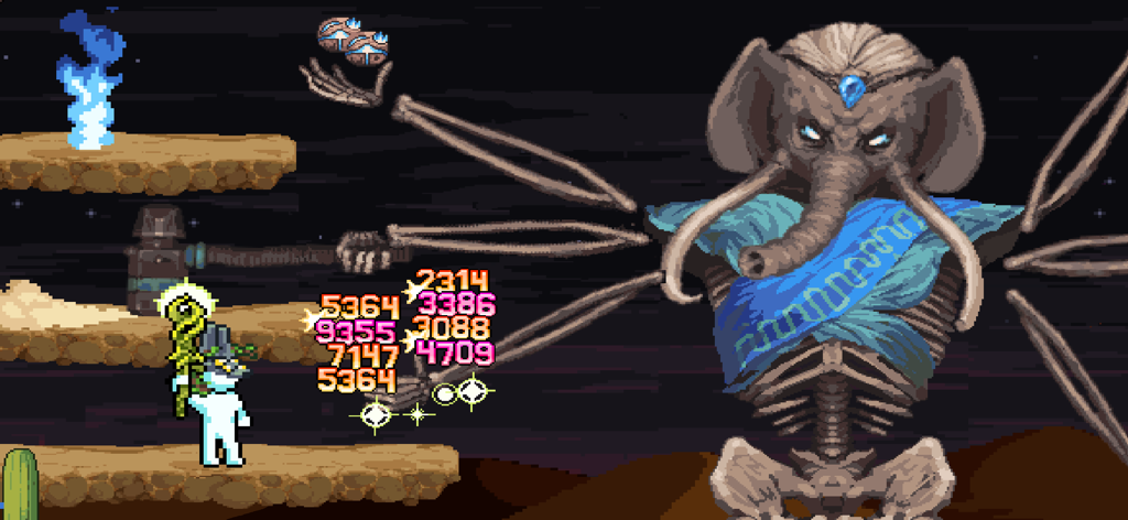 Ein Pixel-Art-Spielcharakter kämpft gegen einen riesigen Skelett-Boss mit mehreren Armen und einem Elefanten in IdleOn Idle RPG