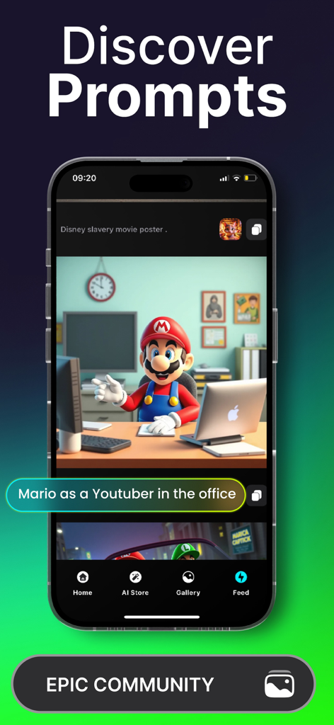 AI Image Generator ~ DALI Art - DALI Art mobile app interface showing a community feed of AI generated images with the prompt Mario as a Youtuber in the office