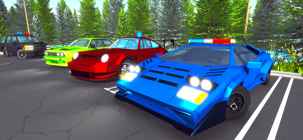 Garage Syndicate: Car Fix Sim - A row of colorful customized sports cars and an SUV parked in a forest area