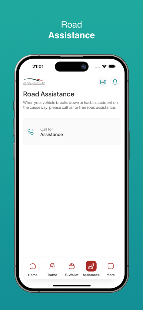 A mobile app screen for road assistance on the King Fahd Causeway with a call for assistance button.