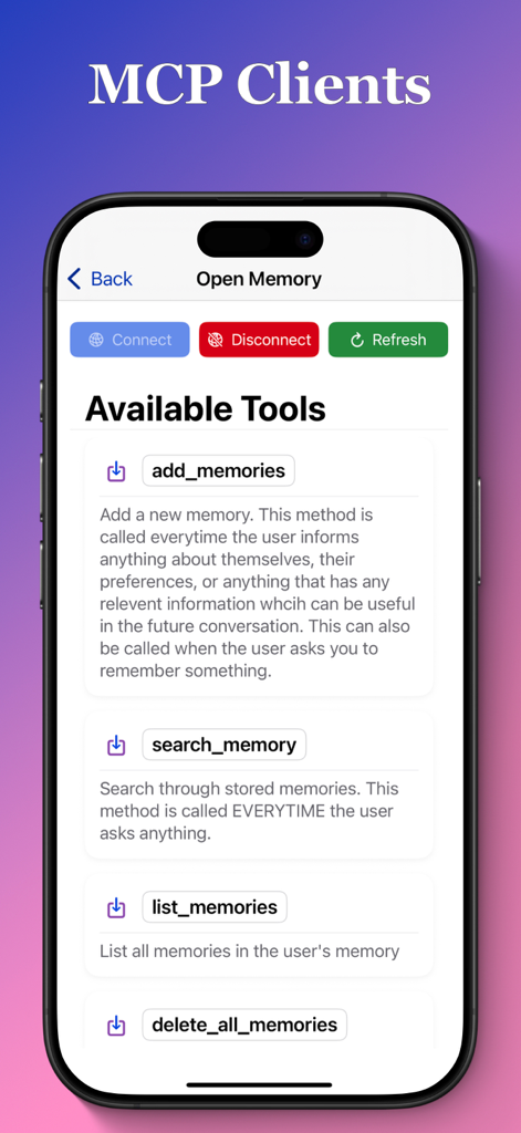 Privacy AI: Powerful chatbot - Privacy AI app interface showing MCP clients and available memory management tools for local data processing.