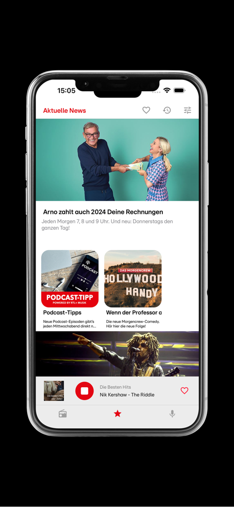 RTL RADIO - RTL Radio app screen showing the latest news section with featured banners for contests and podcast recommendations