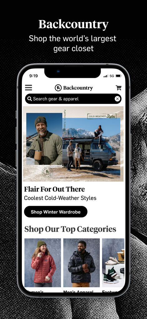 Backcountry - Outdoor Gear - Backcountry mobile app home screen displaying winter outdoor gear and apparel categories