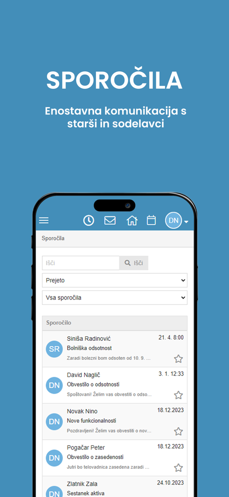 Lopolis - Interfaccia di messaggistica dell'app mobile Lopolis che mostra un elenco di comunicazioni per il personale scolastico e i genitori.