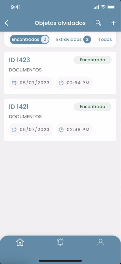 Innsist HoS - Mobile app interface for hotel lost and found management showing a list of found documents with identification numbers and timestamps