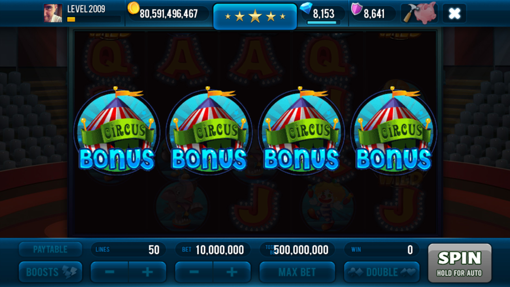 Miracle Circus Slots mobile game showing circus tent bonus icons on the reels