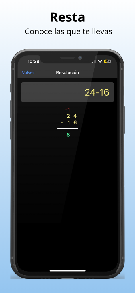Calculadora de Alicia app showing a visual step by step subtraction problem with regrouping
