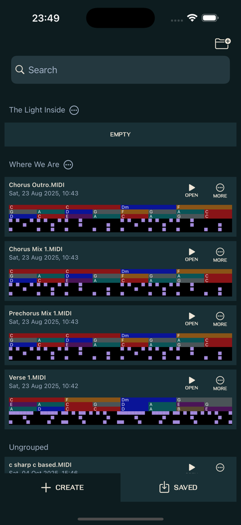 Loop Maker - Create Music Fast - The saved library screen in the Loop Maker app showing a list of MIDI music projects and loops.