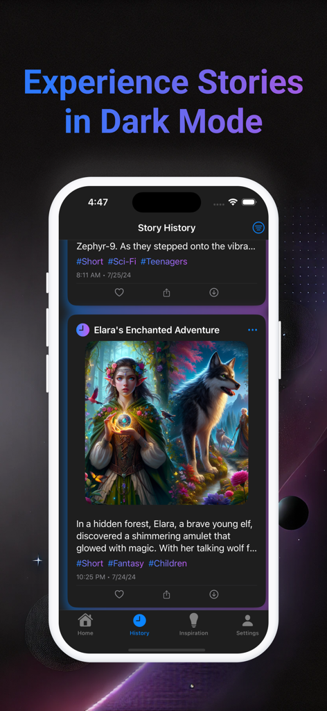 AI Story Generator: AI Writer - AI Story Generator app displaying story history in dark mode with fantasy AI art